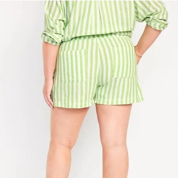 Old Navy Linen Blend Green White Striped Casual Lagenlook Pull On Shorts - Picture 3 of 12